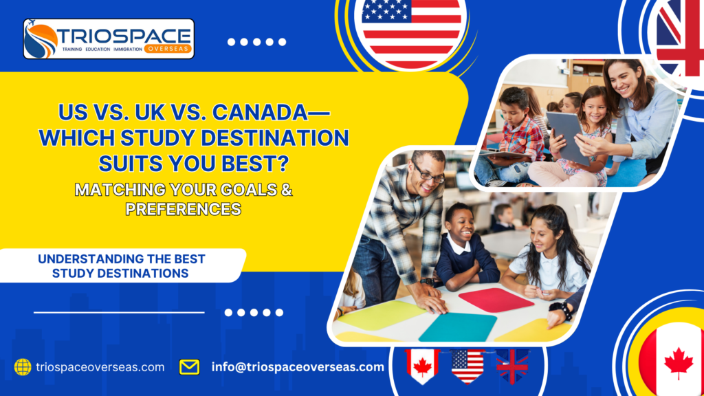 Student evaluating US, UK, and Canada flags for study options
