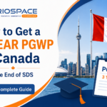 TRIOSPACE Overseas banner explaining how international students can obtain a 3-year PGWP in Canada after the end of SDS, featuring the Canadian flag, Toronto skyline, graduation cap, and PGWP document.