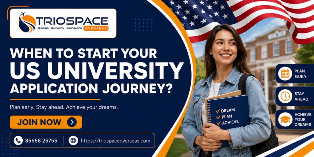 Prospective international student holding notebooks on a university campus with a U.S. flag background, promoting guidance on when to start the US university application process.