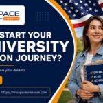 Prospective international student holding notebooks on a university campus with a U.S. flag background, promoting guidance on when to start the US university application process.